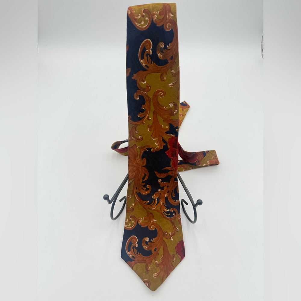 Vintage VILLA BUGATTI 100% Italian Silk Burnt Orange & Navy Abstract Floral Tie